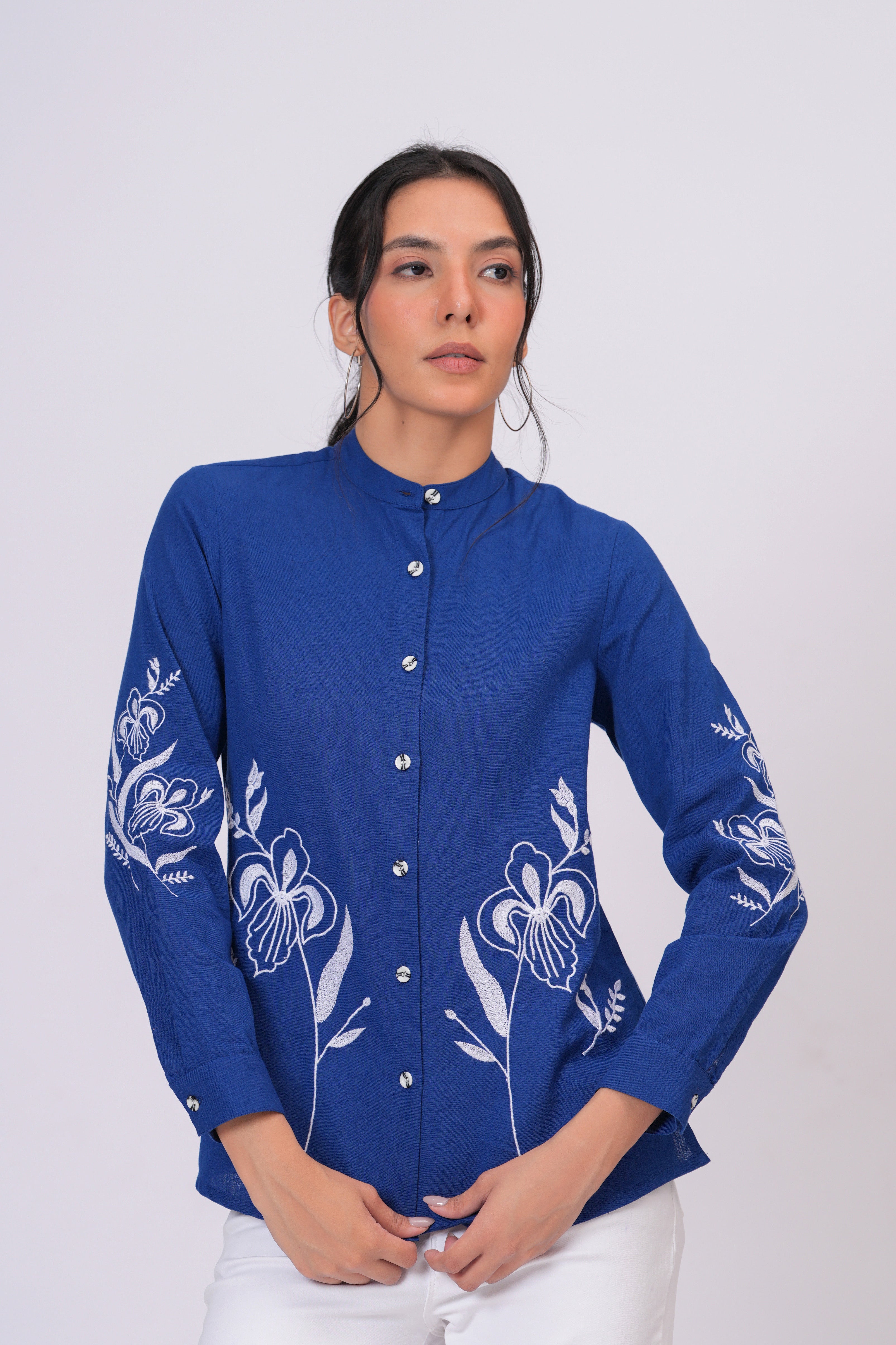 Sapphire Blue Floral Embroidered Button-Down Shirt