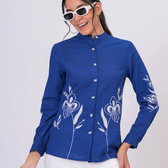 Sapphire Blue Floral Embroidered Button-Down Shirt