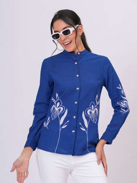 Sapphire Blue Floral Embroidered Button-Down Shirt