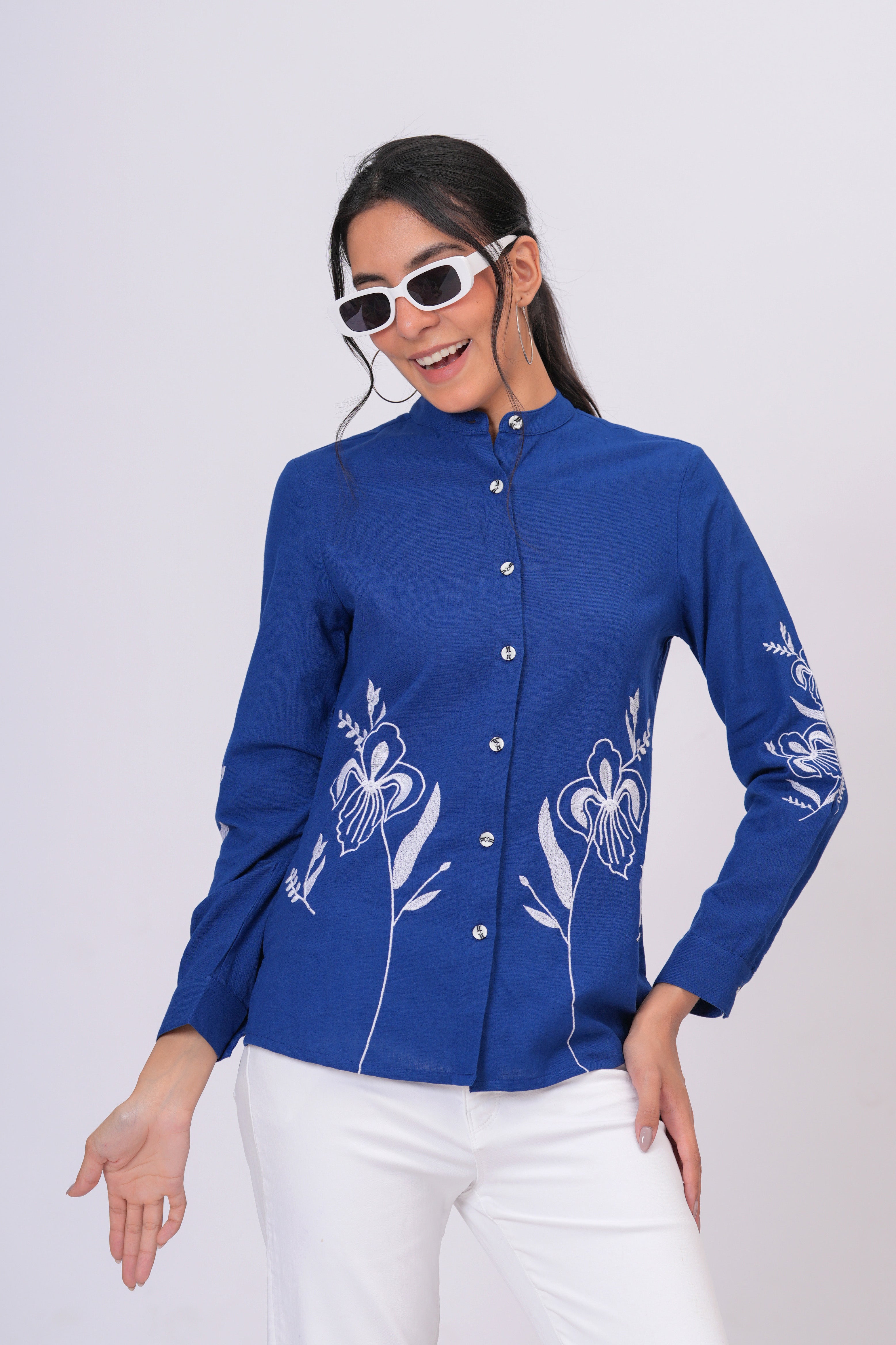 Sapphire Blue Floral Embroidered Button-Down Shirt