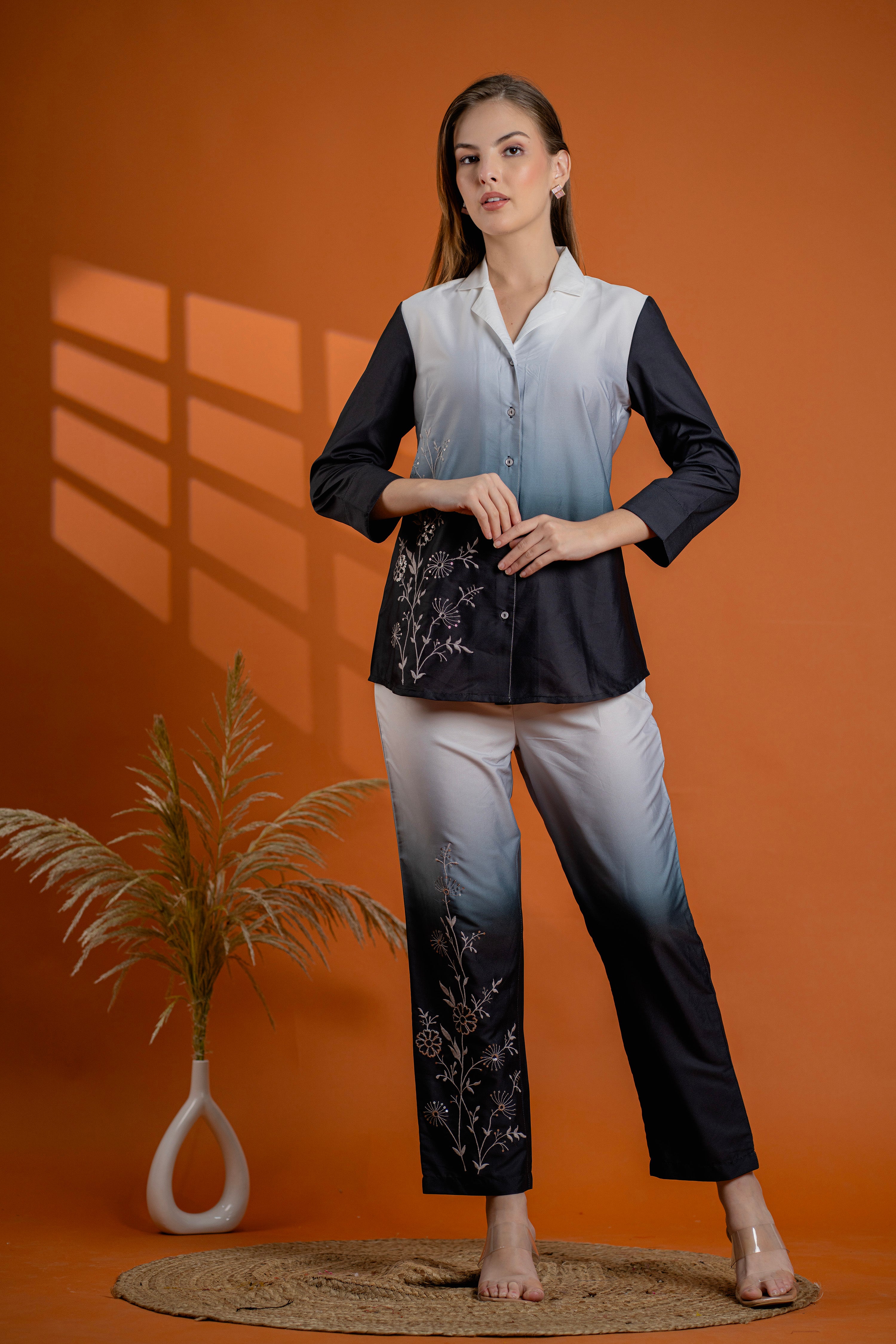 Classic Black & Gray Cotton Embroidered Shirt Co-ord Set
