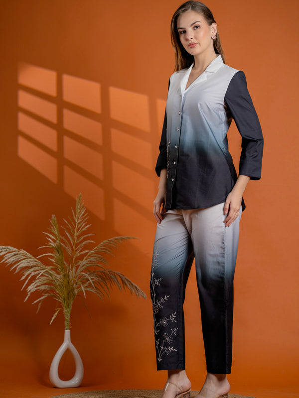 Classic Black & Gray Cotton Embroidered Shirt Co-ord Set