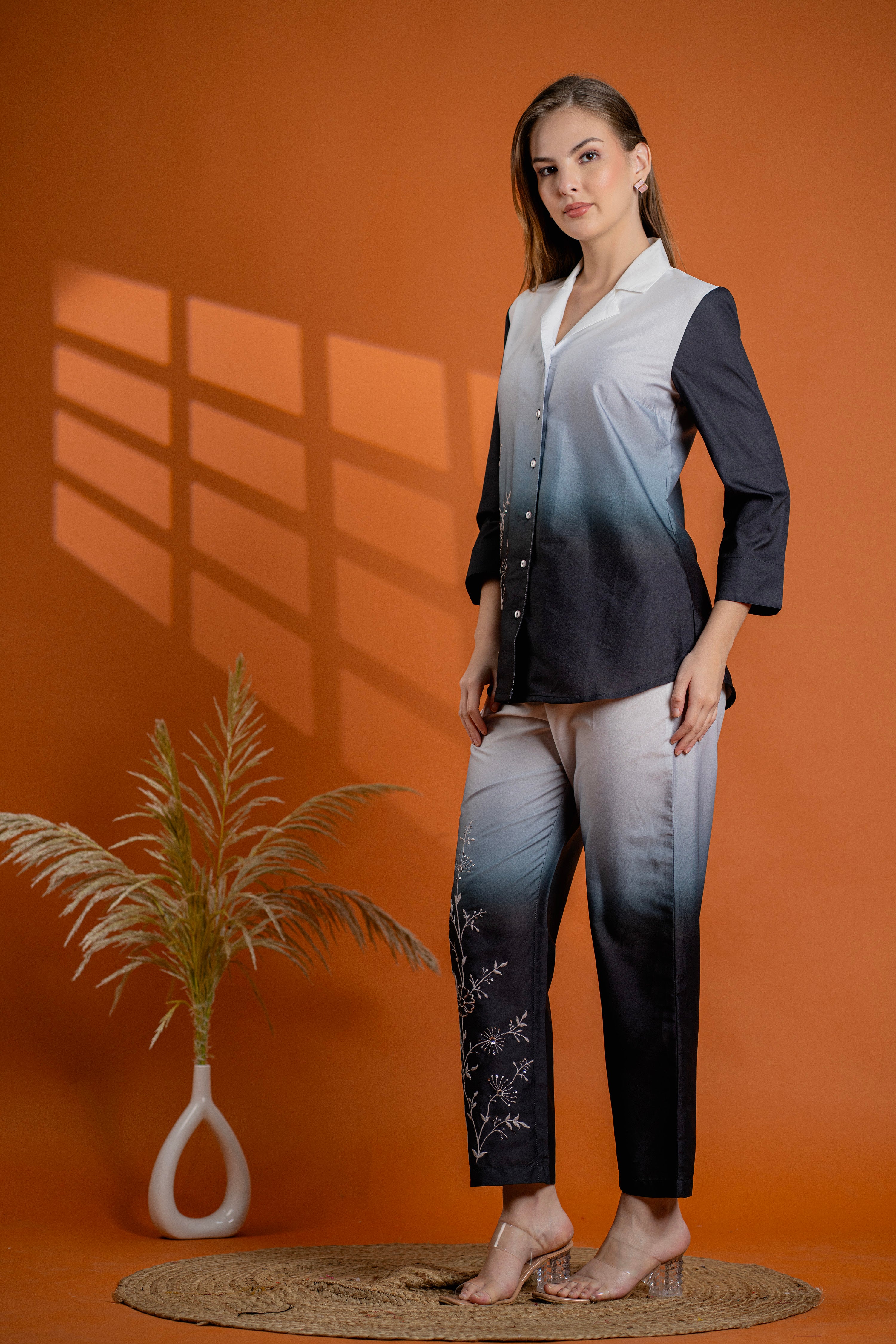Classic Black & Gray Cotton Embroidered Shirt Co-ord Set
