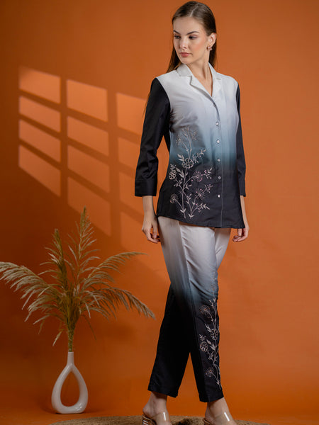 Classic Black & Gray Cotton Embroidered Shirt Co-ord Set
