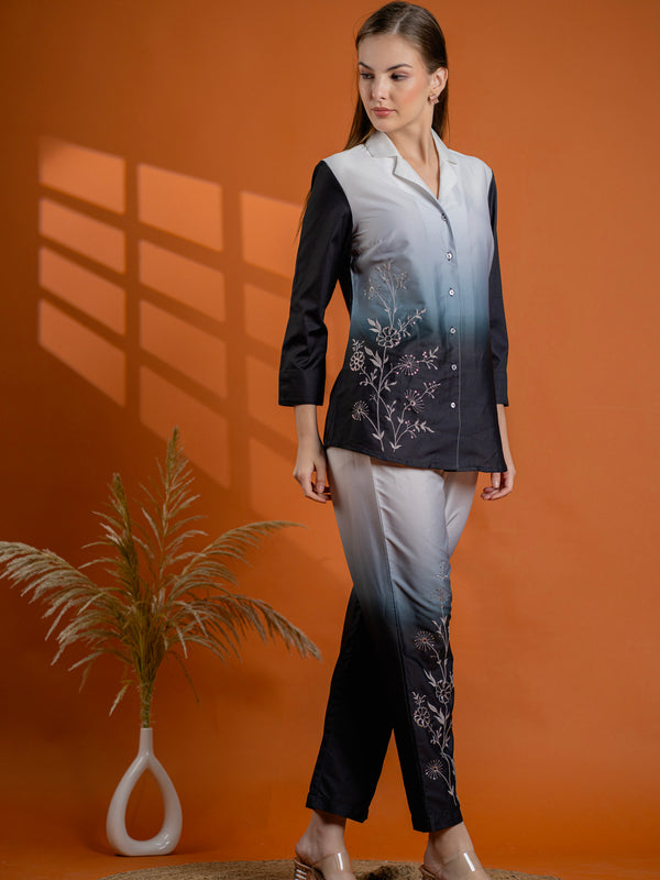 Classic Black & Gray Cotton Embroidered Shirt Co-ord Set