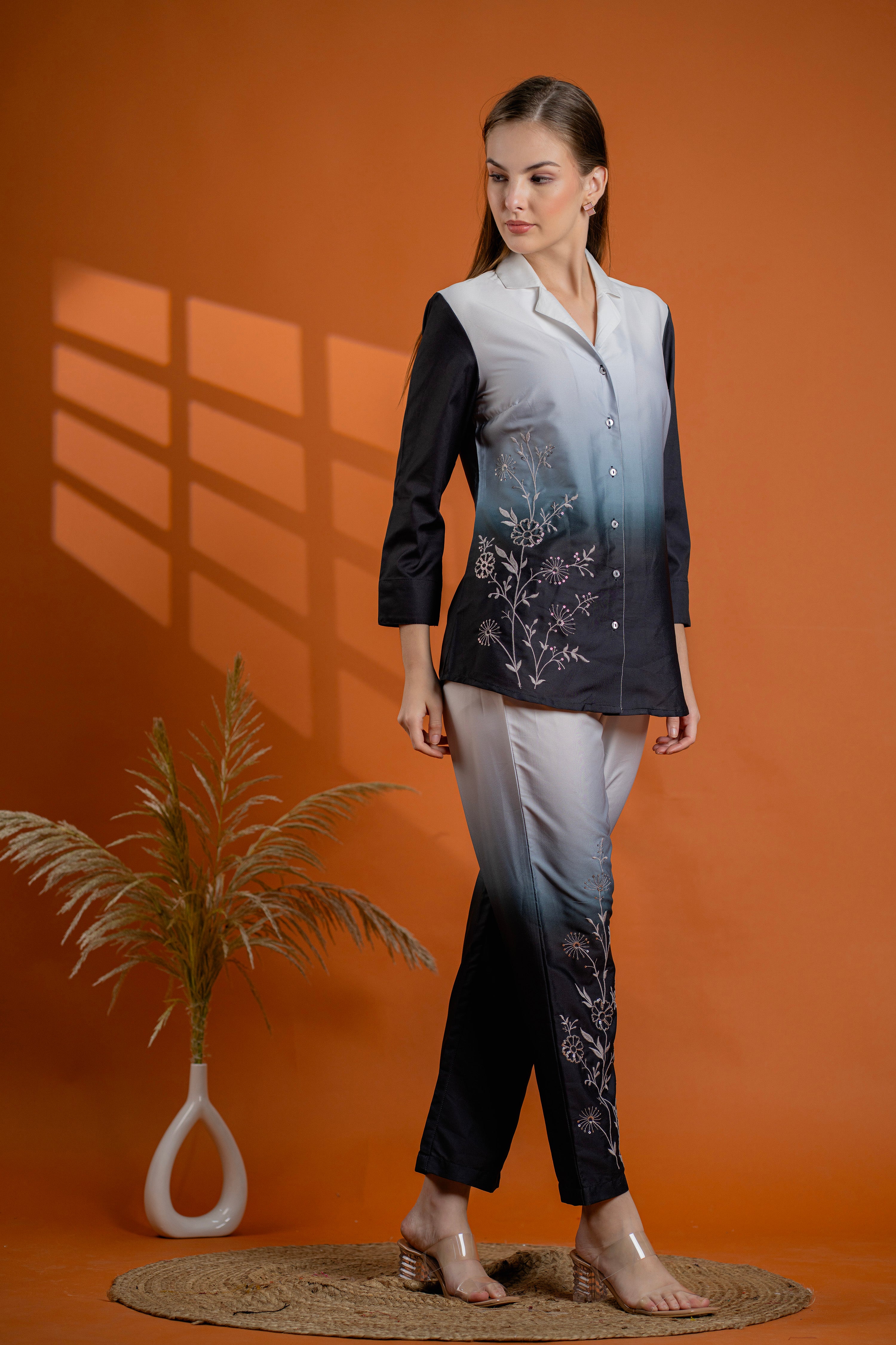 Classic Black & Gray Cotton Embroidered Shirt Co-ord Set