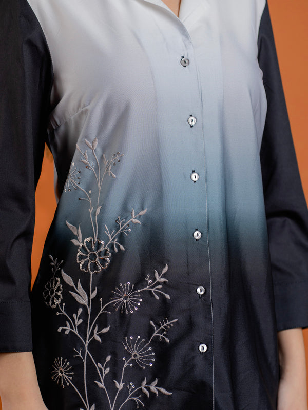 Classic Black & Gray Cotton Embroidered Shirt Co-ord Set