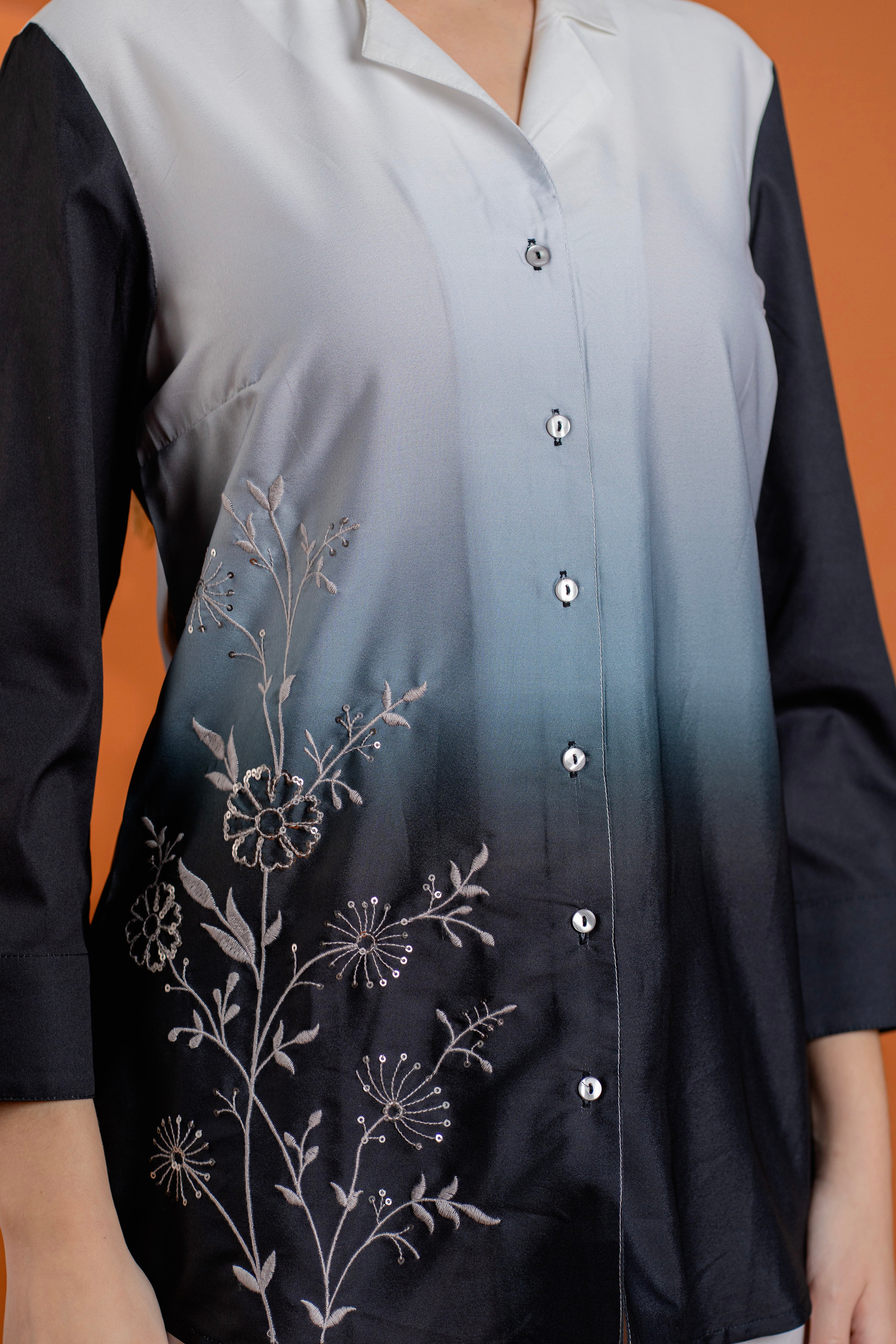 Classic Black & Gray Cotton Embroidered Shirt Co-ord Set