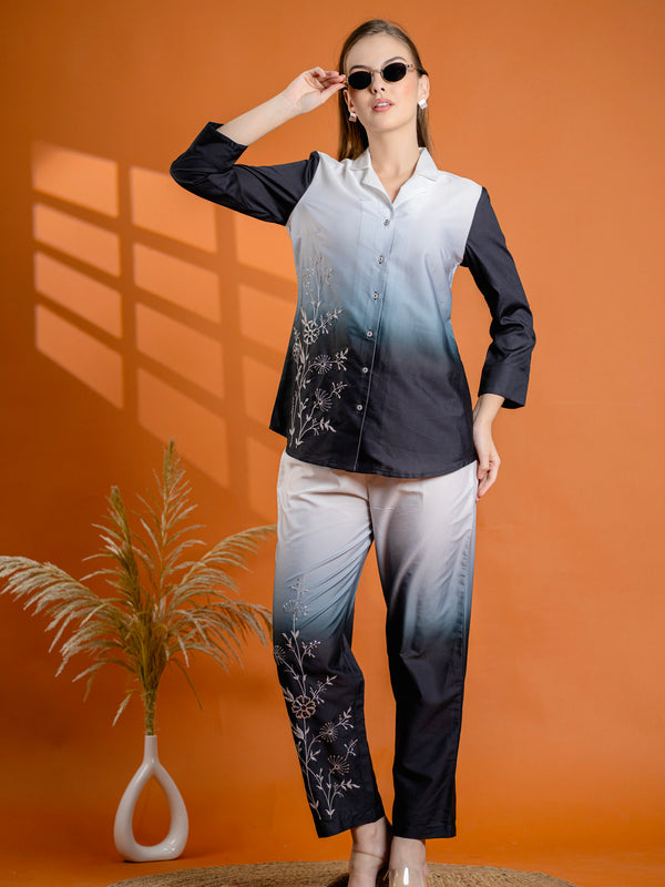 Classic Black & Gray Cotton Embroidered Shirt Co-ord Set