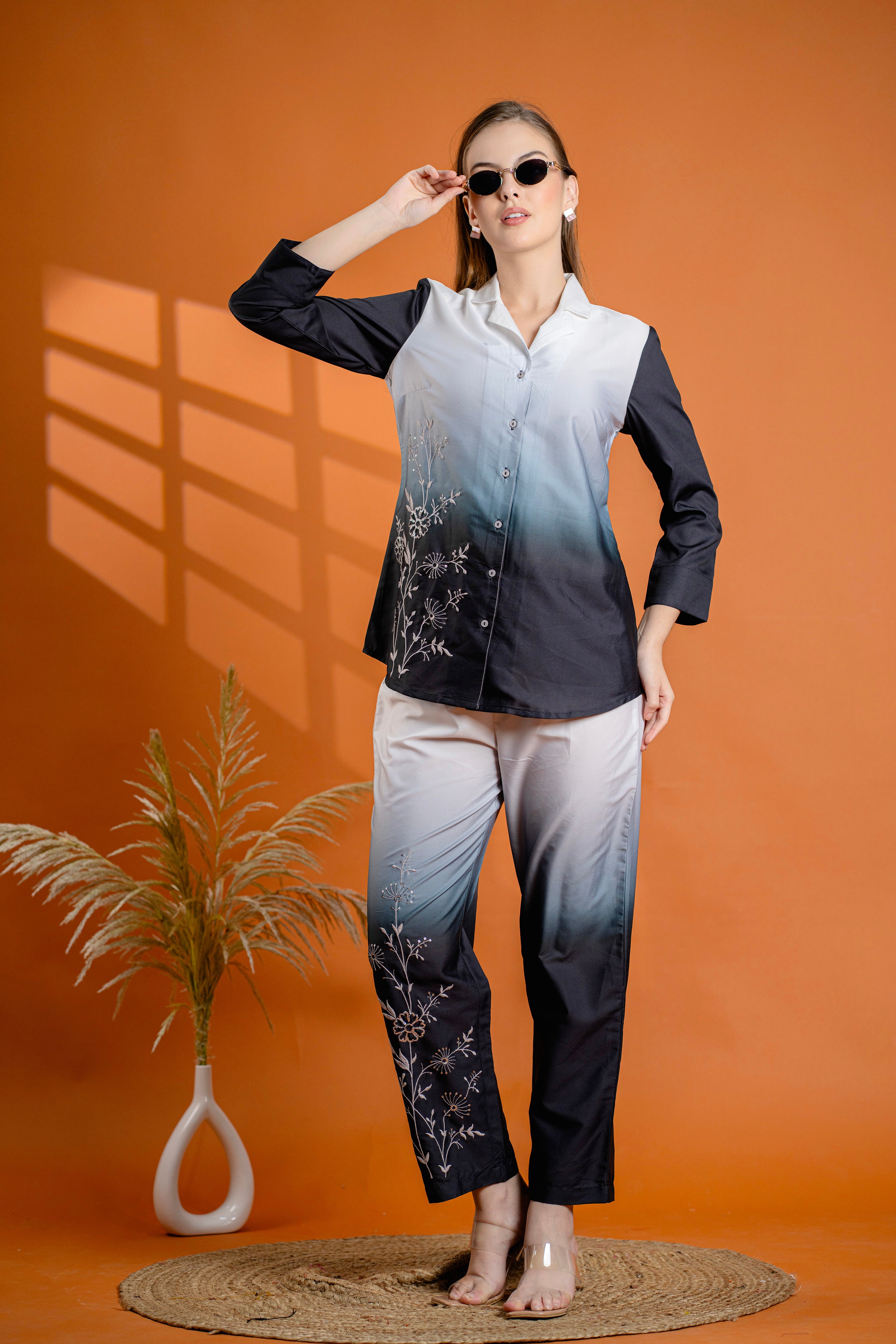 Classic Black & Gray Cotton Embroidered Shirt Co-ord Set