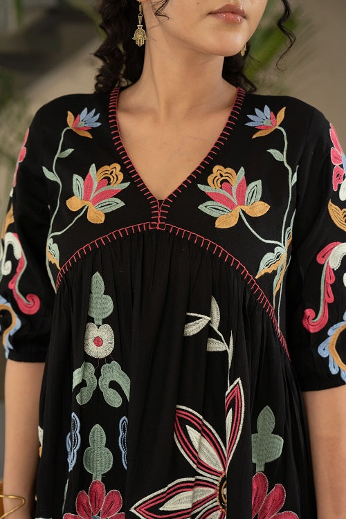 Colorful Embroidered Black Mini Dress