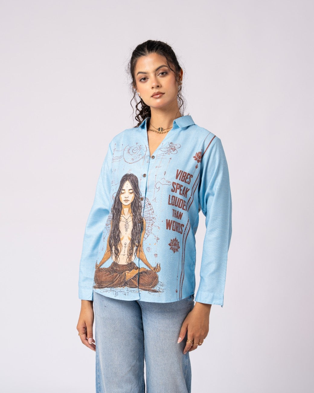 Artistic Blue Shirt Featuring Meditation Inspired Artwork