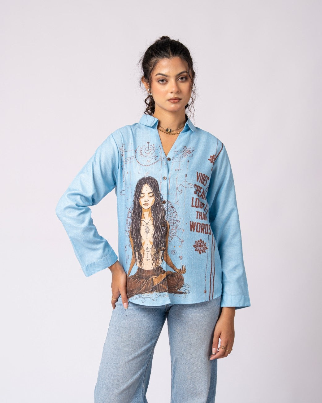 Artistic Blue Shirt Featuring Meditation Inspired Artwork
