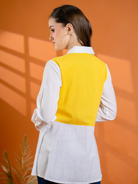 Elegant Mustard & White Cotton Embroidered Shirt