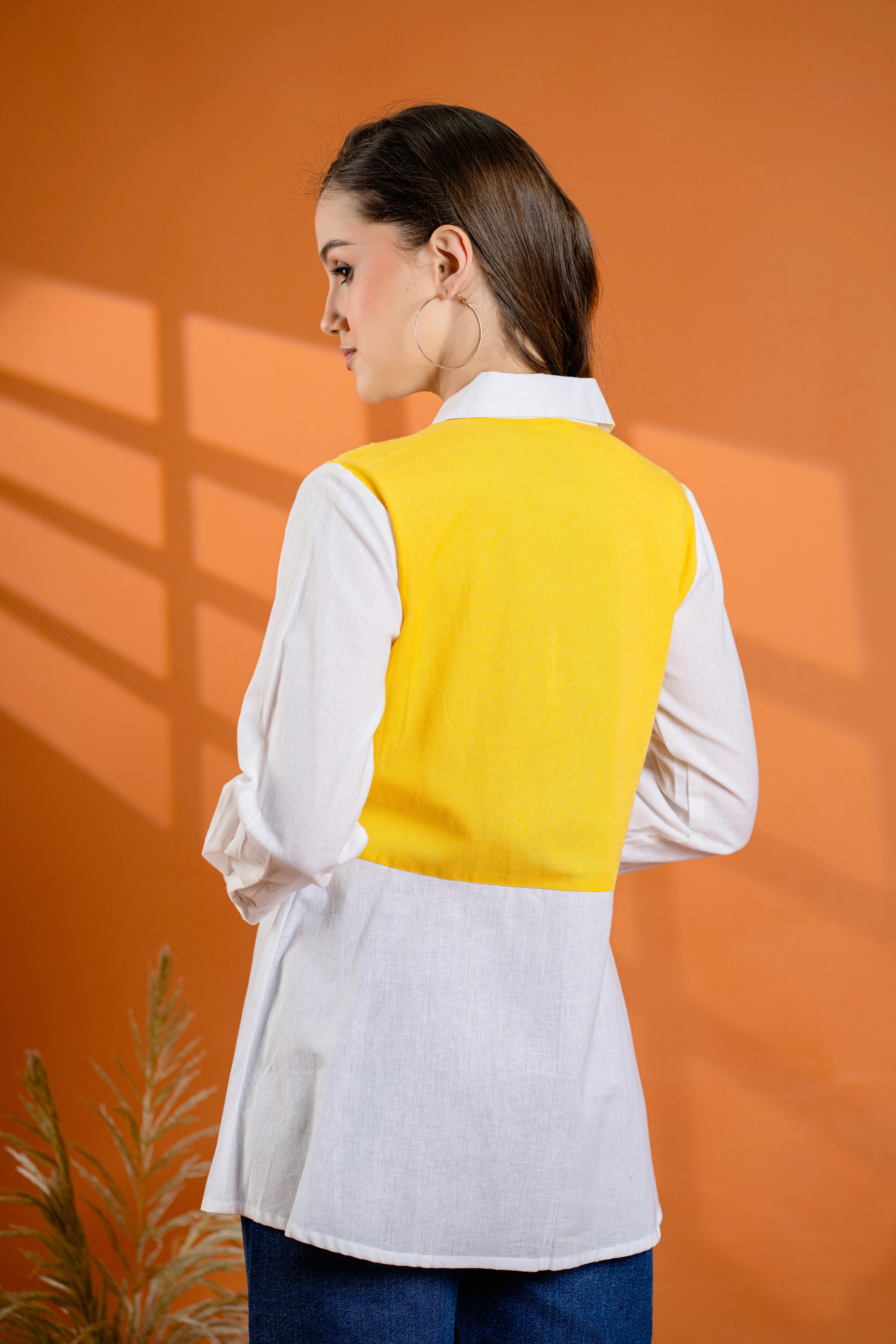 Elegant Mustard & White Cotton Embroidered Shirt