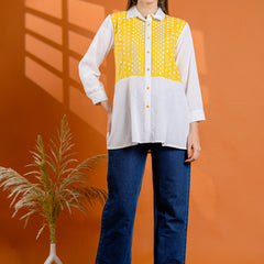 Elegant Mustard & White Cotton Embroidered Shirt