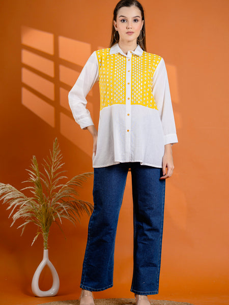 Elegant Mustard & White Cotton Embroidered Shirt