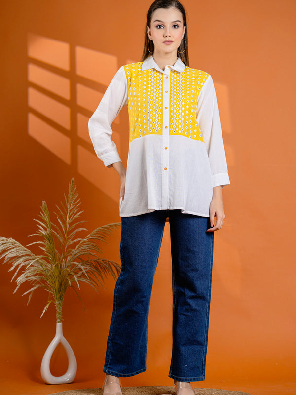 Elegant Mustard & White Cotton Embroidered Shirt