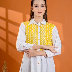 Elegant Mustard & White Cotton Embroidered Shirt
