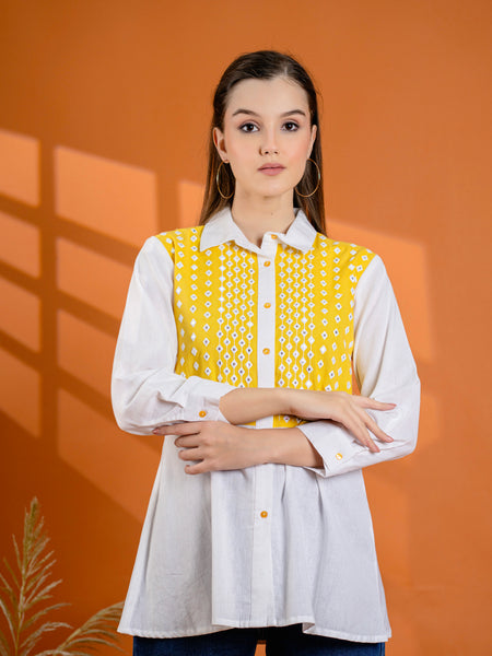 Elegant Mustard & White Cotton Embroidered Shirt