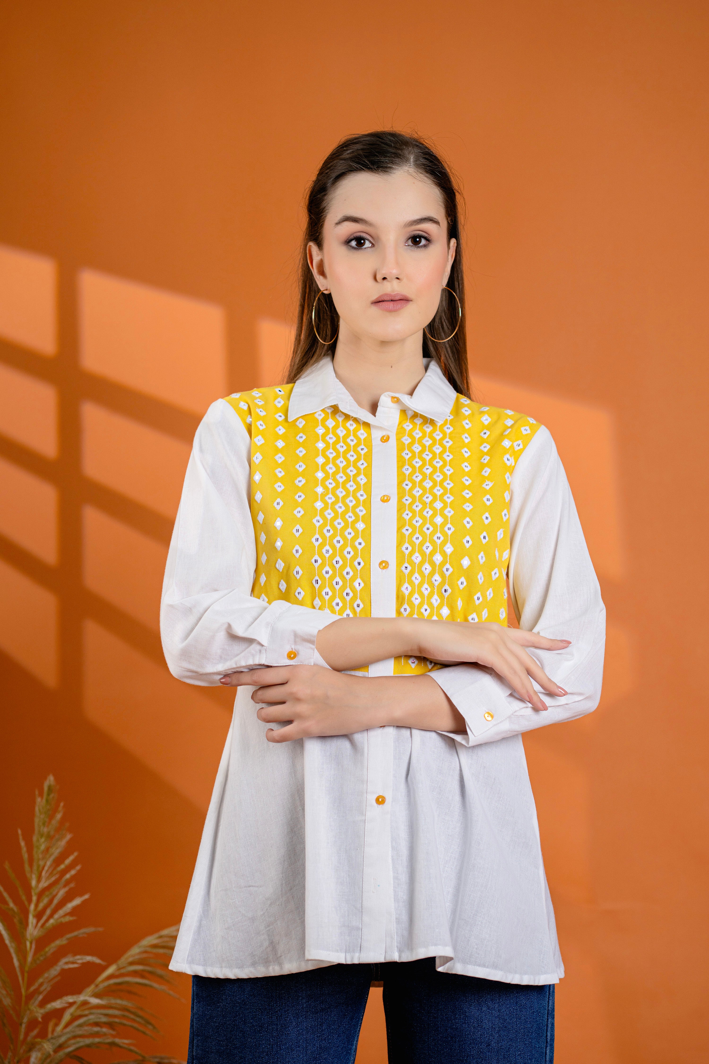 Elegant Mustard & White Cotton Embroidered Shirt