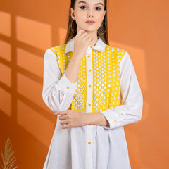 Elegant Mustard & White Cotton Embroidered Shirt
