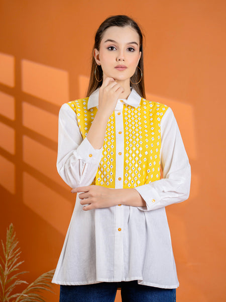 Elegant Mustard & White Cotton Embroidered Shirt