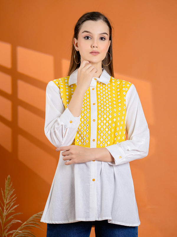 Elegant Mustard & White Cotton Embroidered Shirt