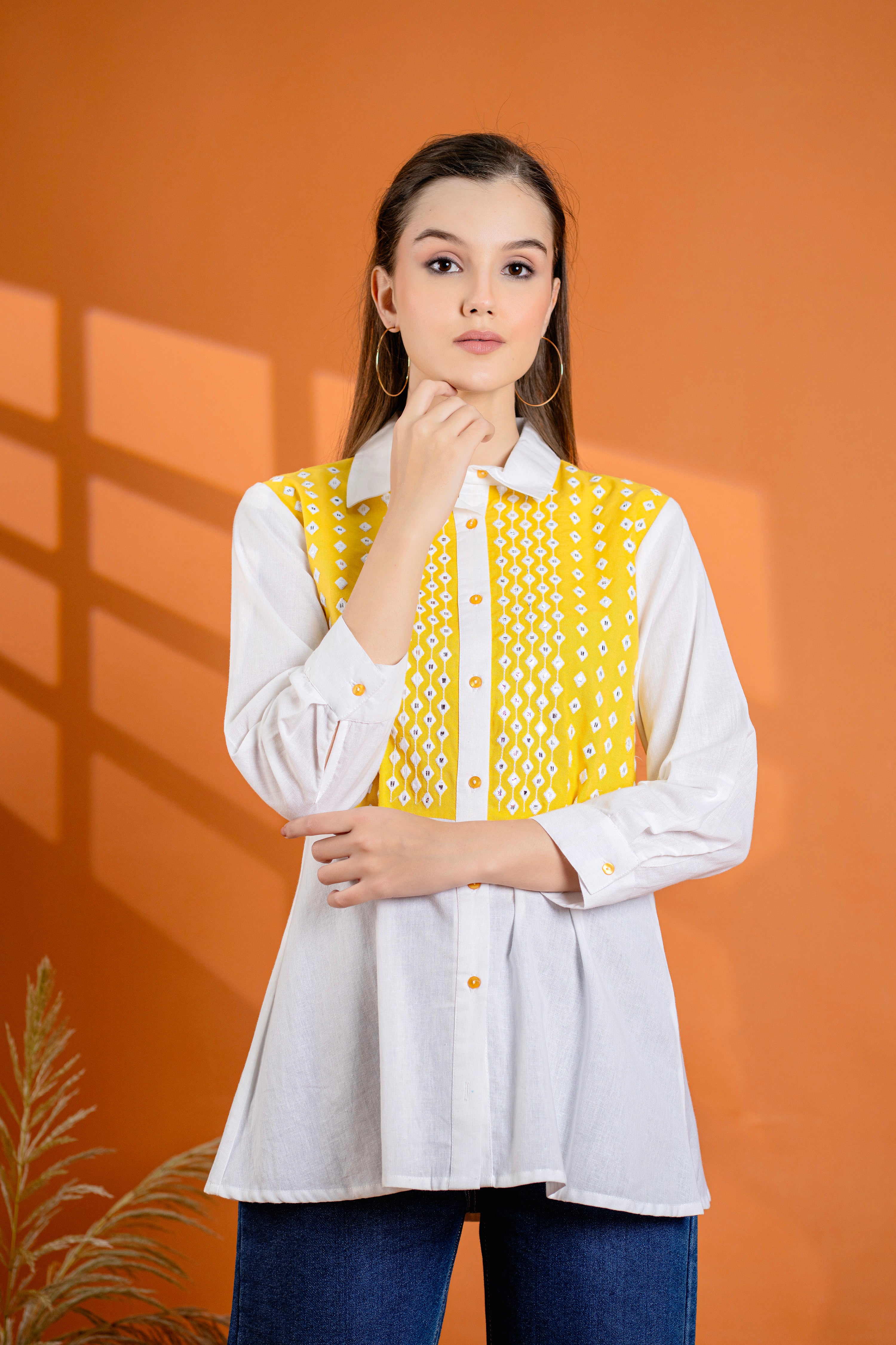 Elegant Mustard & White Cotton Embroidered Shirt
