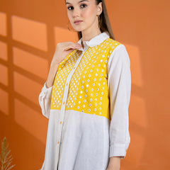 Elegant Mustard & White Cotton Embroidered Shirt