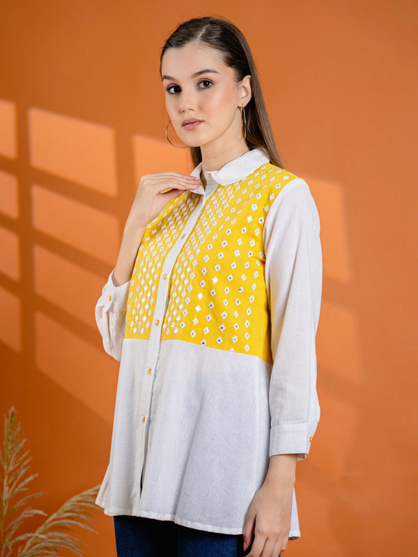 Elegant Mustard & White Cotton Embroidered Shirt
