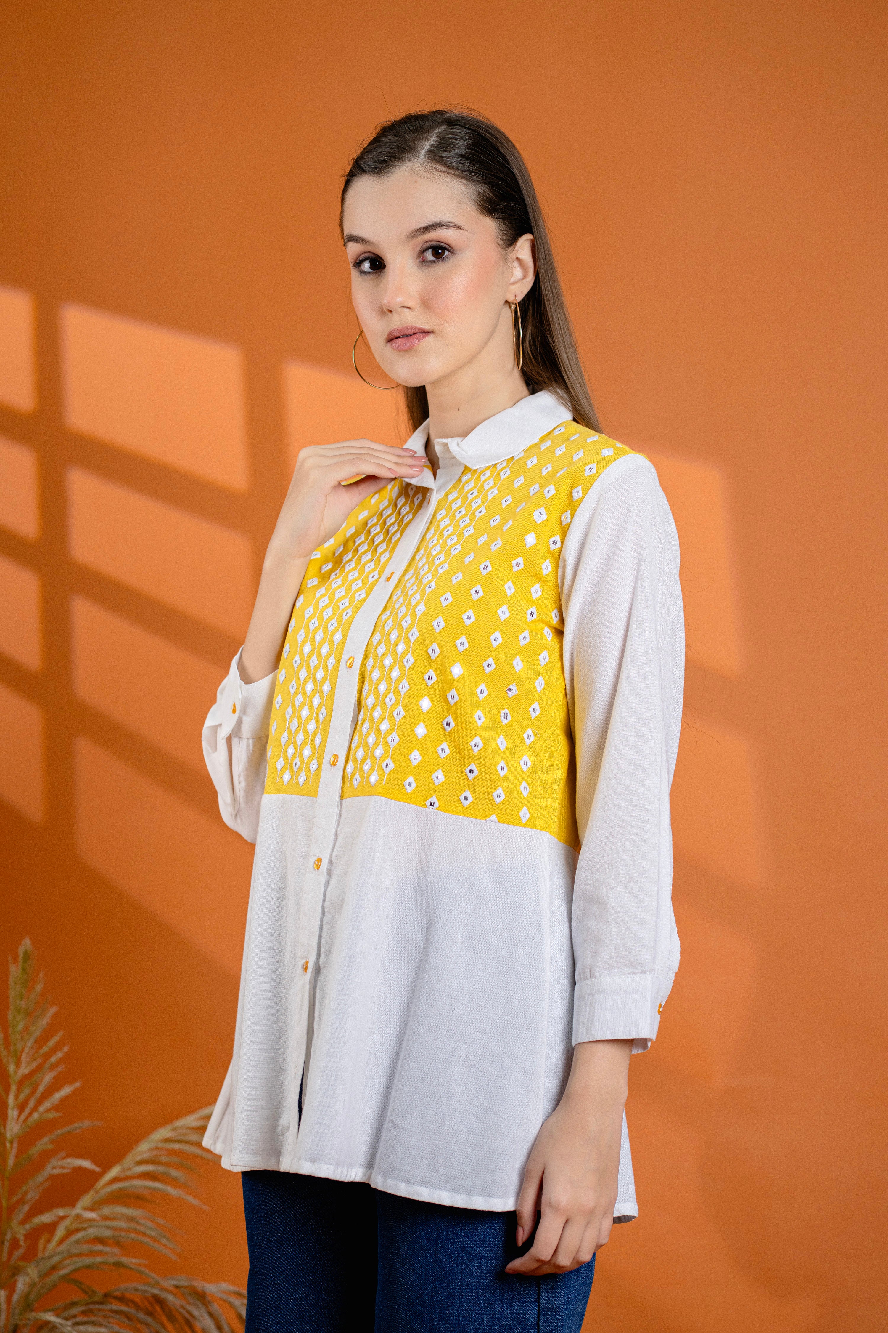 Elegant Mustard & White Cotton Embroidered Shirt