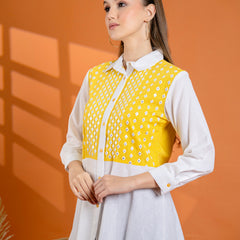 Elegant Mustard & White Cotton Embroidered Shirt