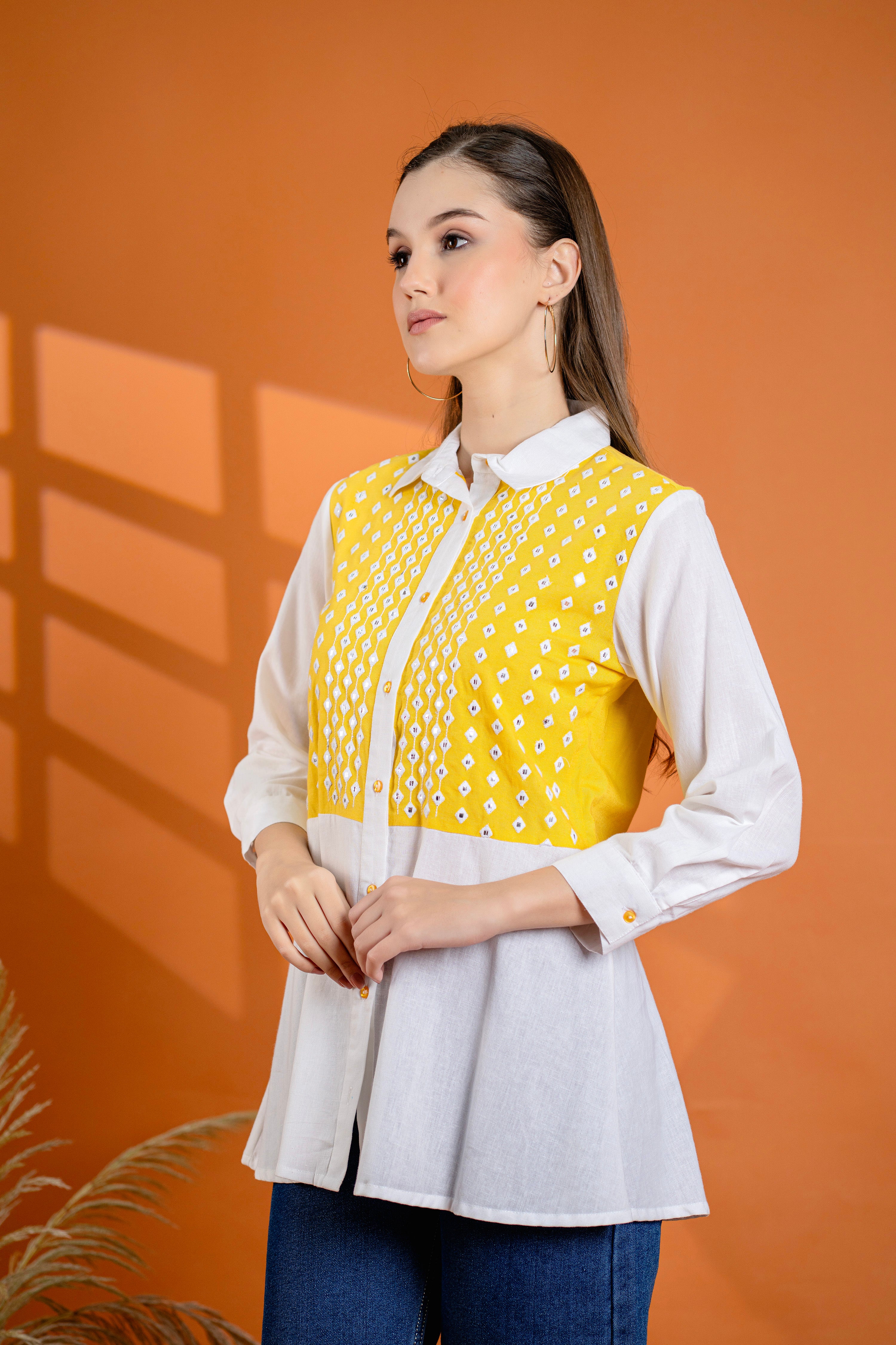 Elegant Mustard & White Cotton Embroidered Shirt