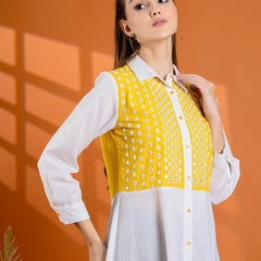 Elegant Mustard & White Cotton Embroidered Shirt
