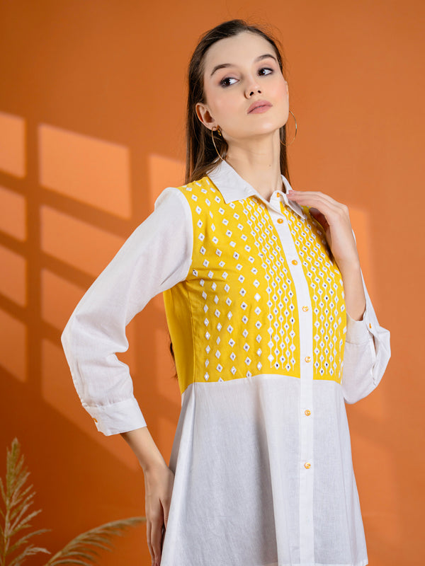 Elegant Mustard & White Cotton Embroidered Shirt