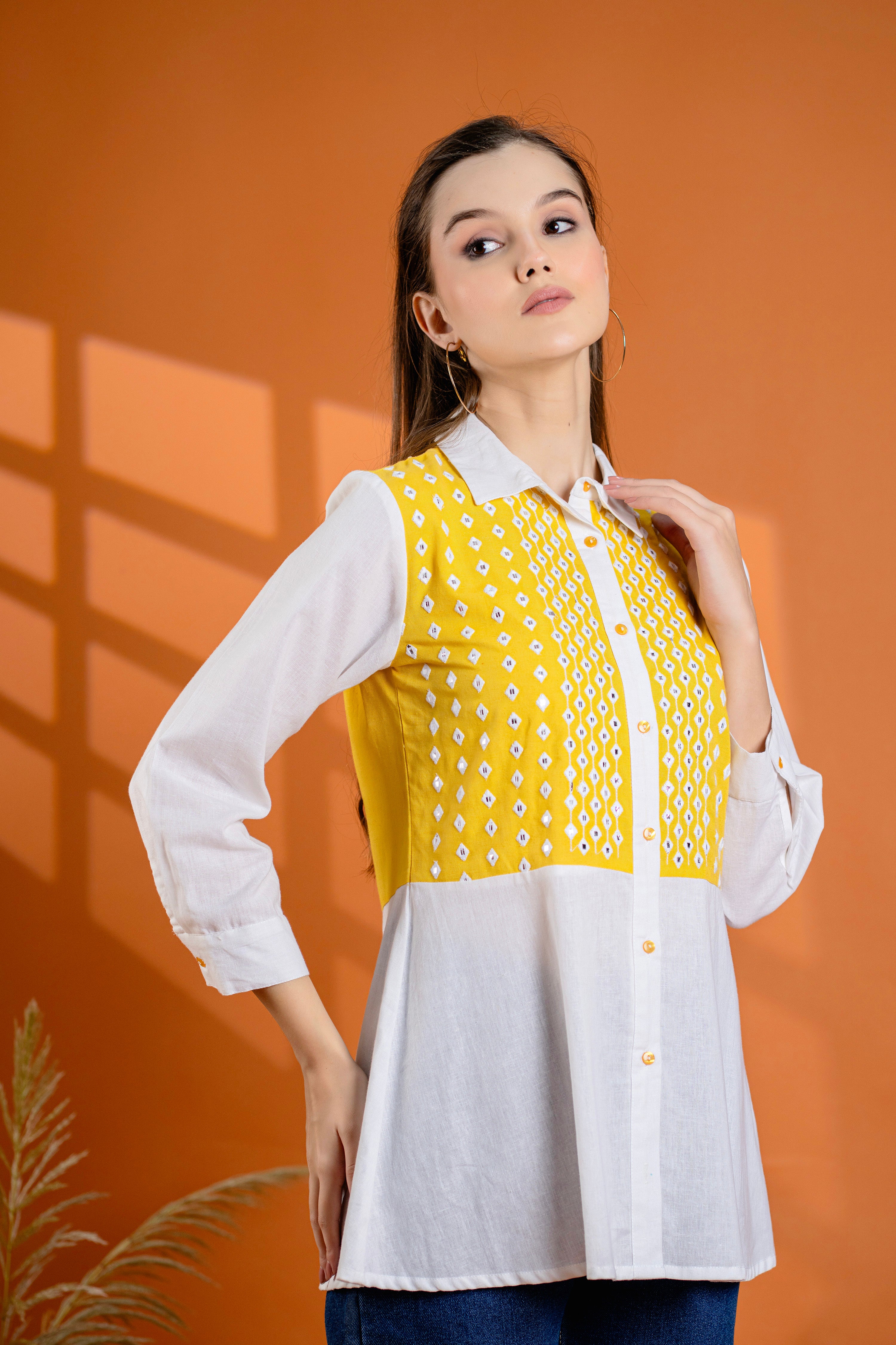 Elegant Mustard & White Cotton Embroidered Shirt
