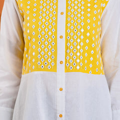 Elegant Mustard & White Cotton Embroidered Shirt