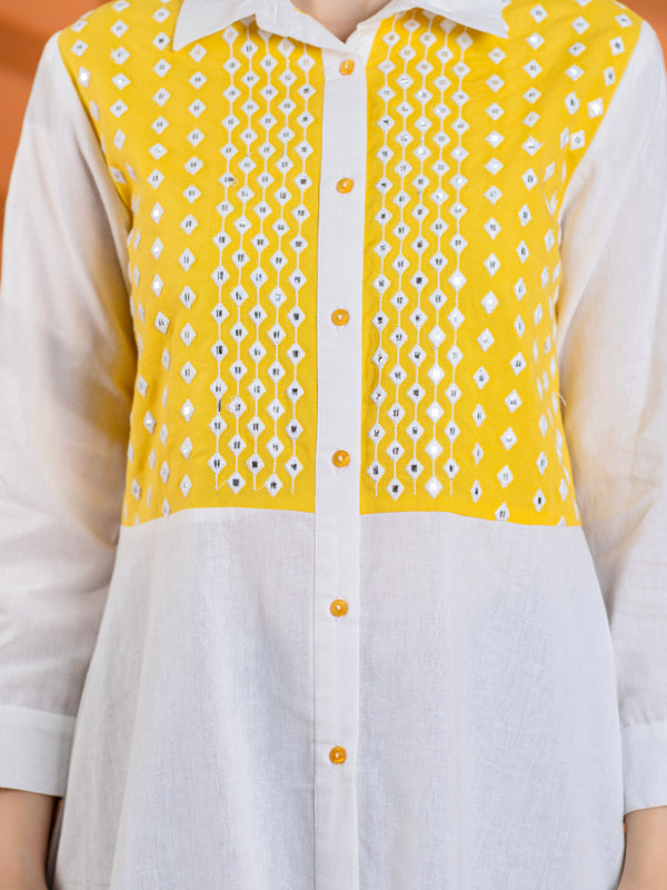 Elegant Mustard & White Cotton Embroidered Shirt