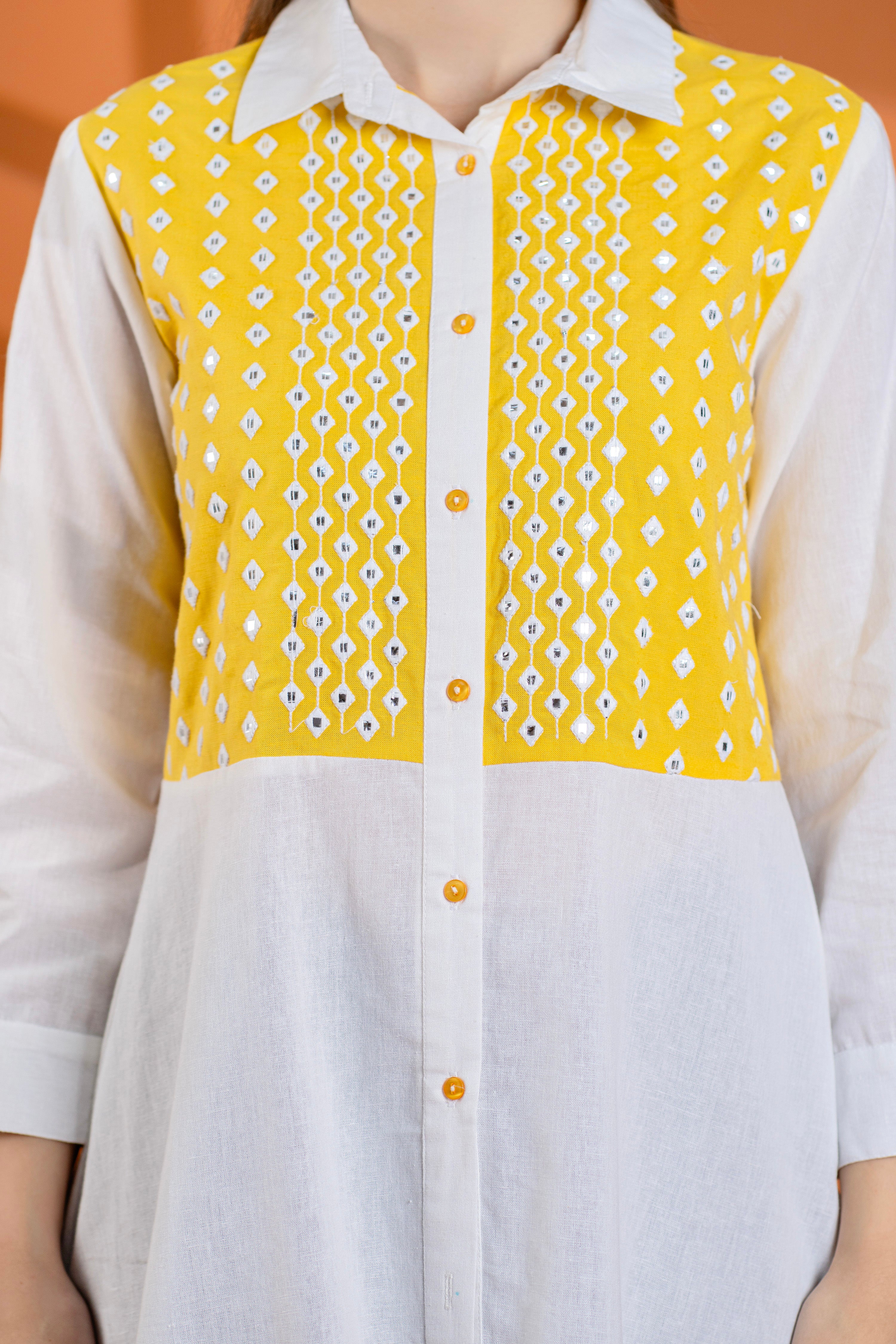 Elegant Mustard & White Cotton Embroidered Shirt