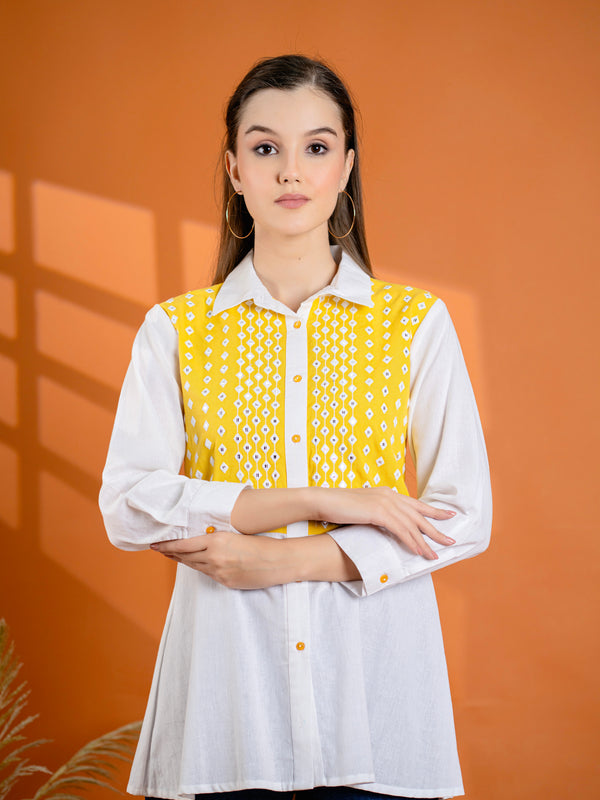 Elegant Mustard & White Cotton Embroidered Shirt