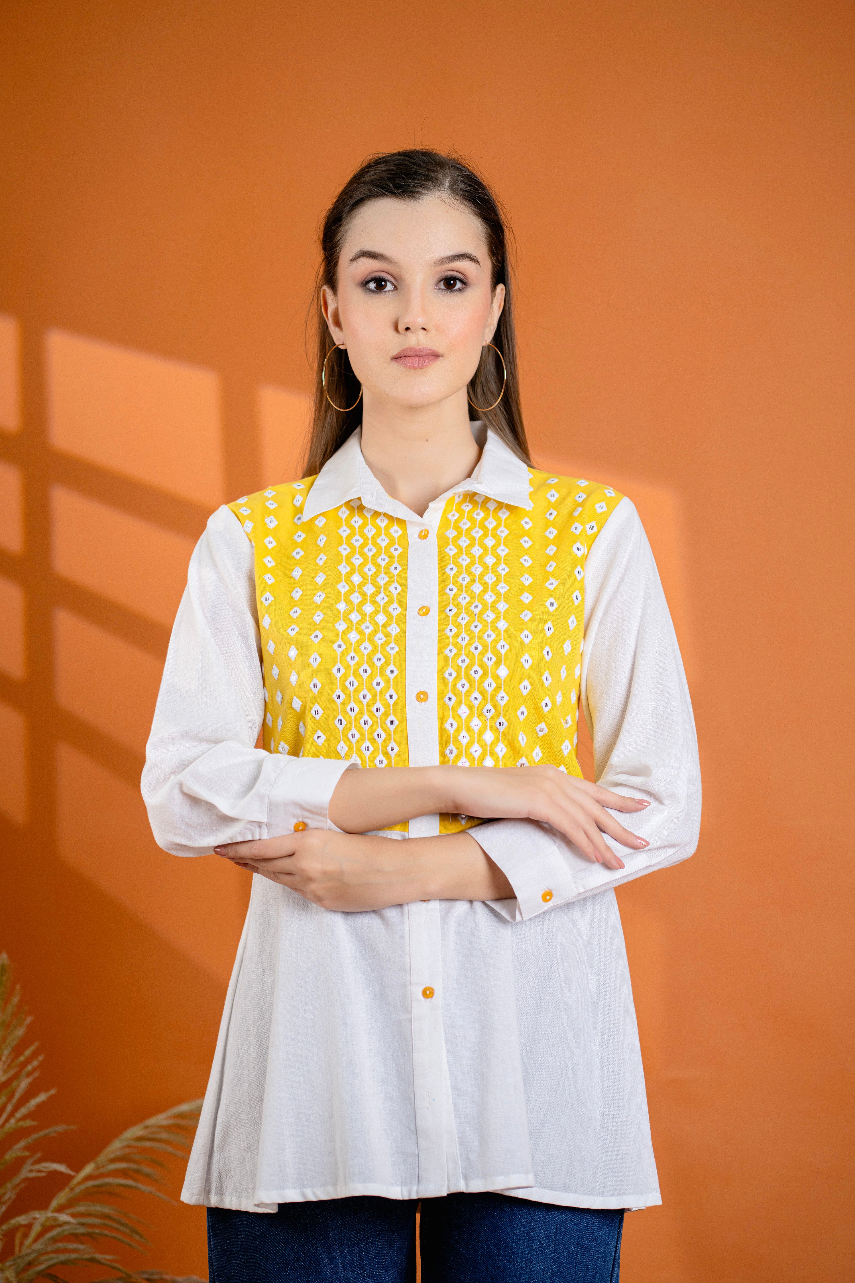 Elegant Mustard & White Cotton Embroidered Shirt