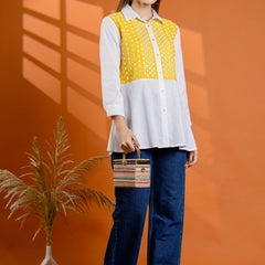 Elegant Mustard & White Cotton Embroidered Shirt