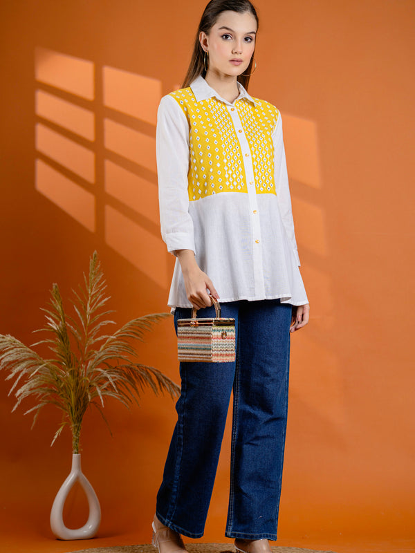 Elegant Mustard & White Cotton Embroidered Shirt
