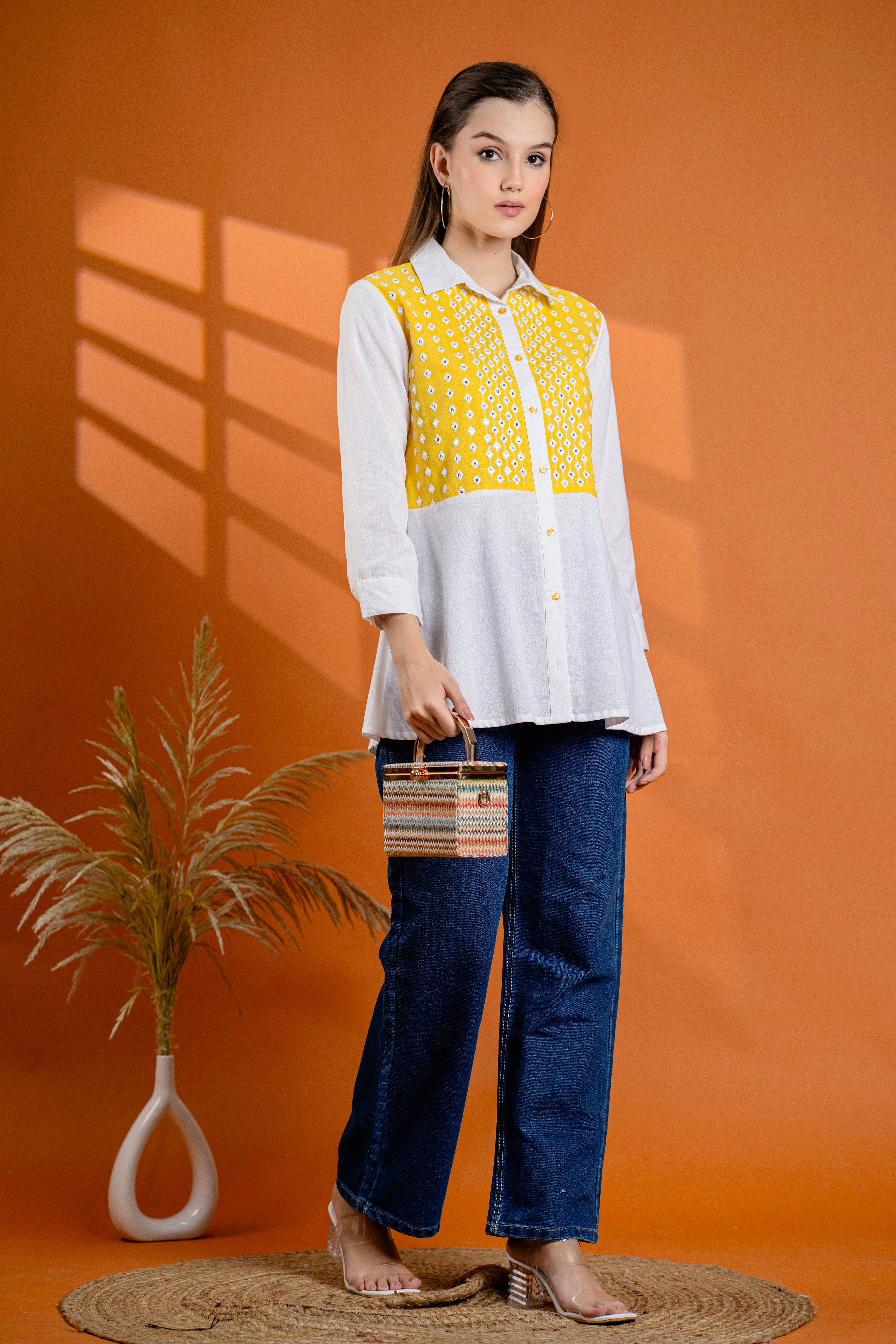 Elegant Mustard & White Cotton Embroidered Shirt