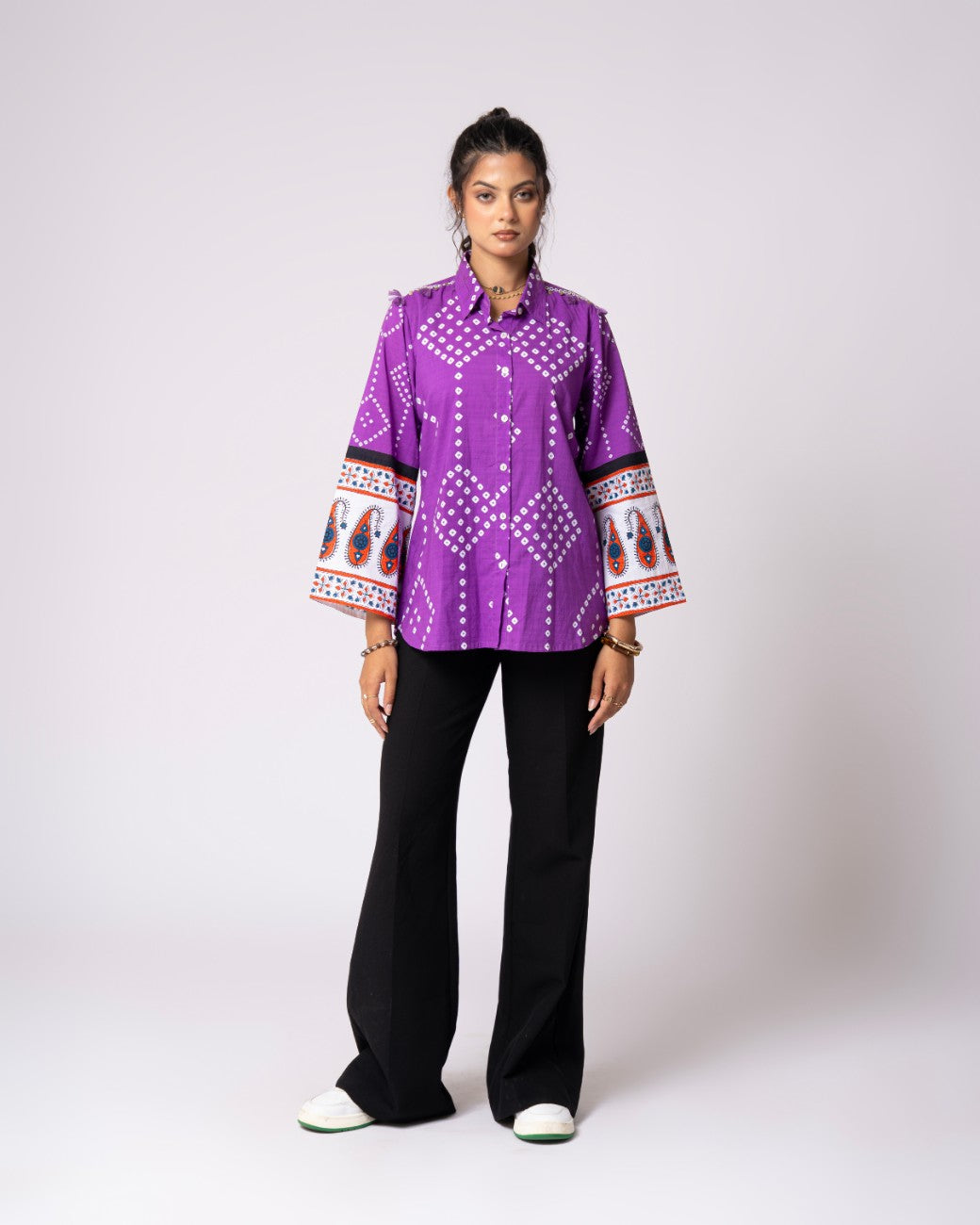 Women’s Purple Printed Flared Sleeve Casual Shirt