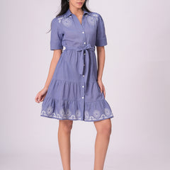 Classic Blue Button-Down Embroidered Fit & Flare Dress with Waist Tie