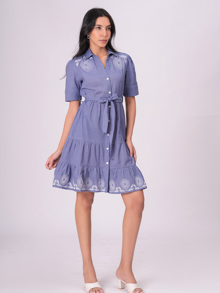 Classic Blue Button-Down Embroidered Fit & Flare Dress with Waist Tie