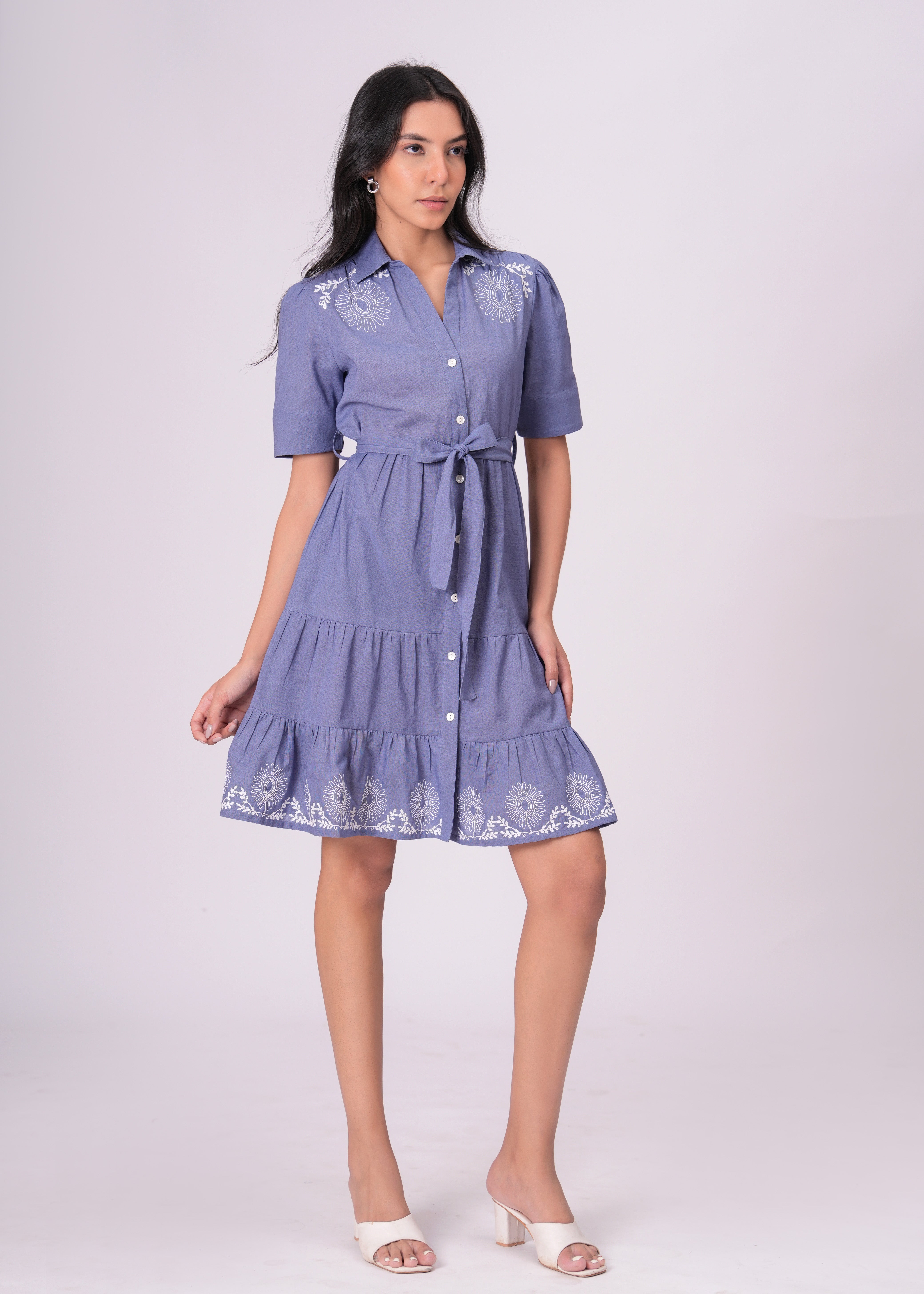 Classic Blue Button-Down Embroidered Fit & Flare Dress with Waist Tie