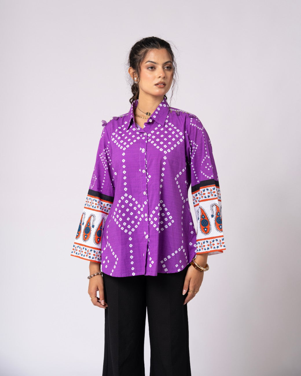 Women’s Purple Printed Flared Sleeve Casual Shirt
